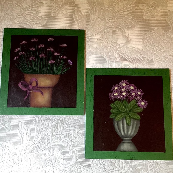 Set of 2 Hand-Painted Floral Wall Art on Wood –Green Frame–Rustic & Cottagecore - Picture 5 of 8